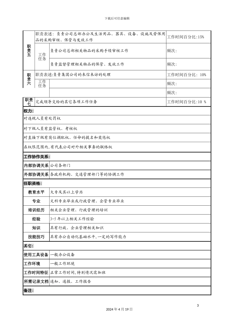 行政事务部综合科经理的岗位说明书_第3页