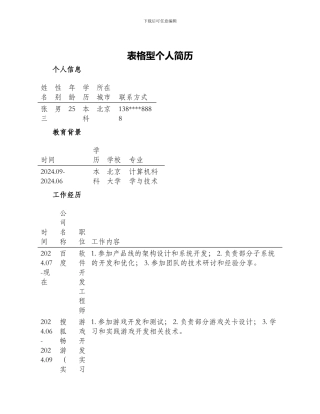 表格型个人简历