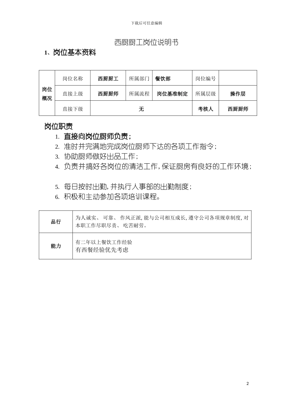 西厨厨工岗位说明书模板_第2页