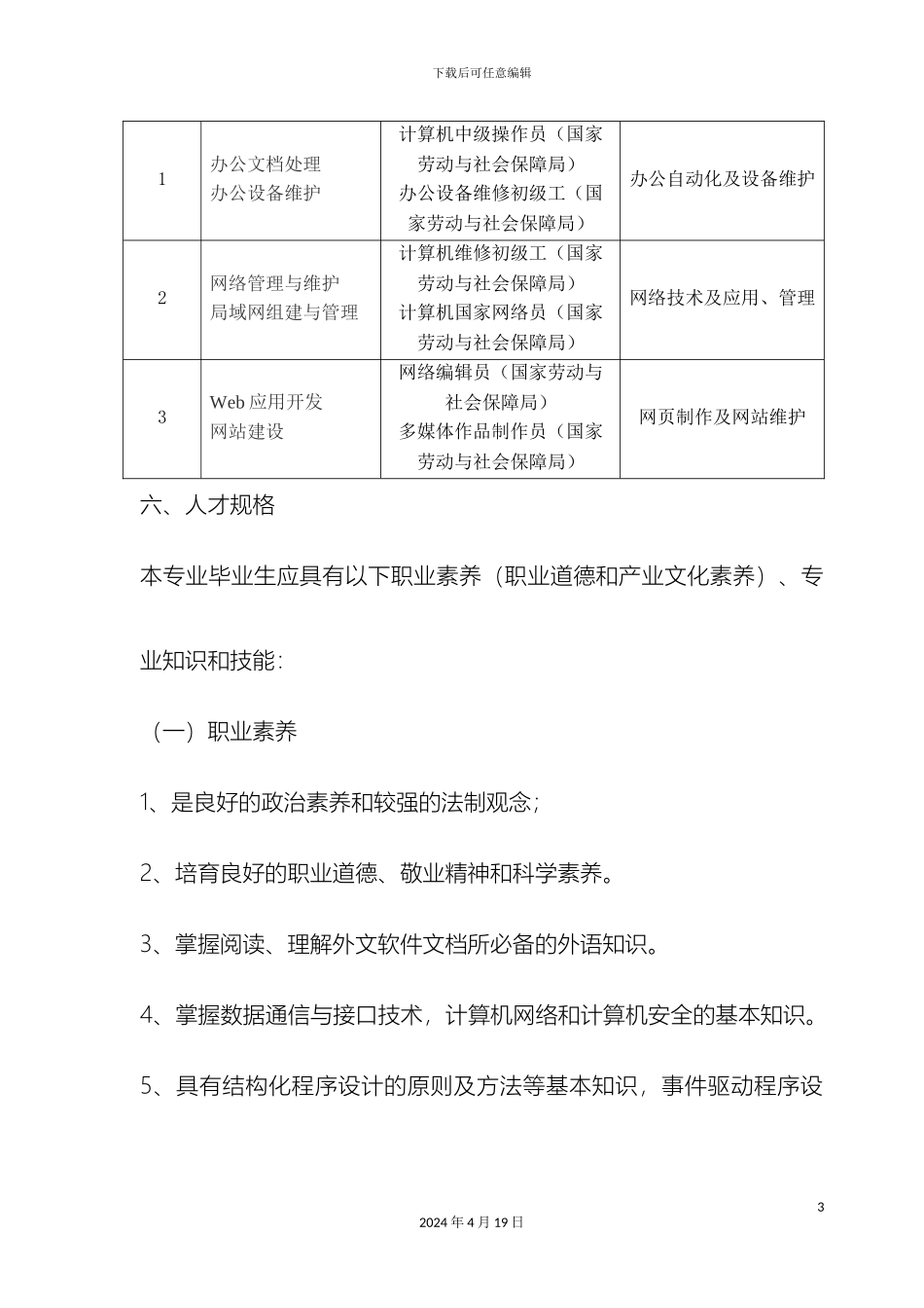 计算机网络技术专业中专人才培养方案汉_第3页