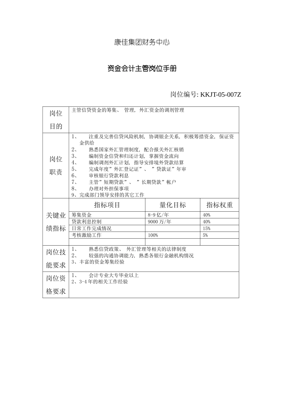 财务中心资金会计主管岗位手册表模板_第2页