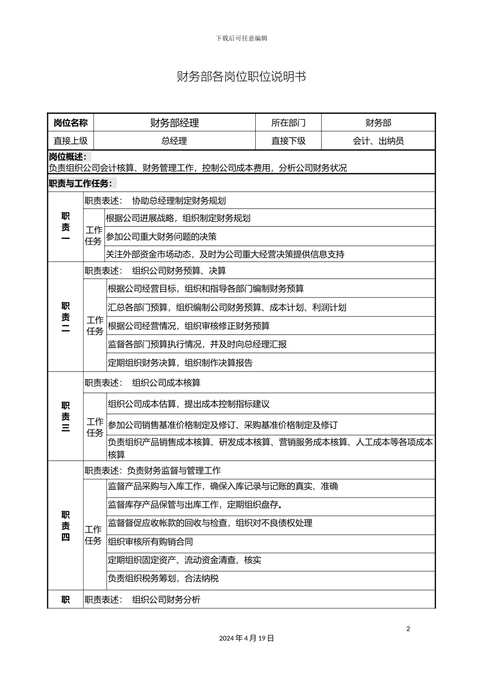 财务部各岗位职务说明书_第2页