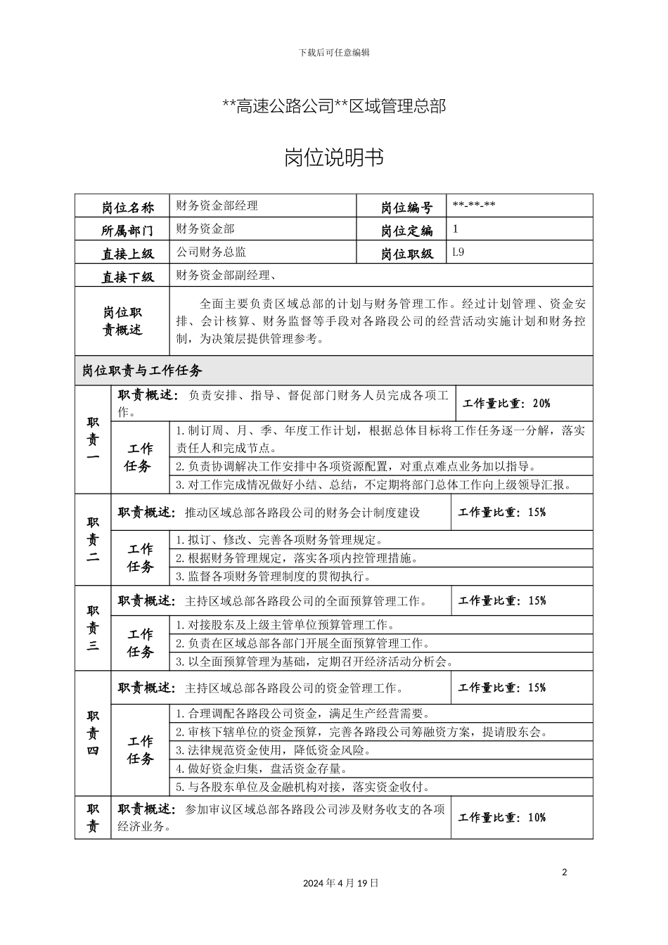 财务部门各岗位说明书高速公路公司区域化管理模板_第2页