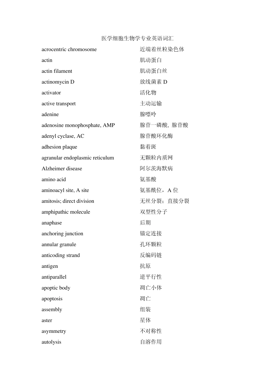 医学细胞生物学英文词汇翻译_第1页