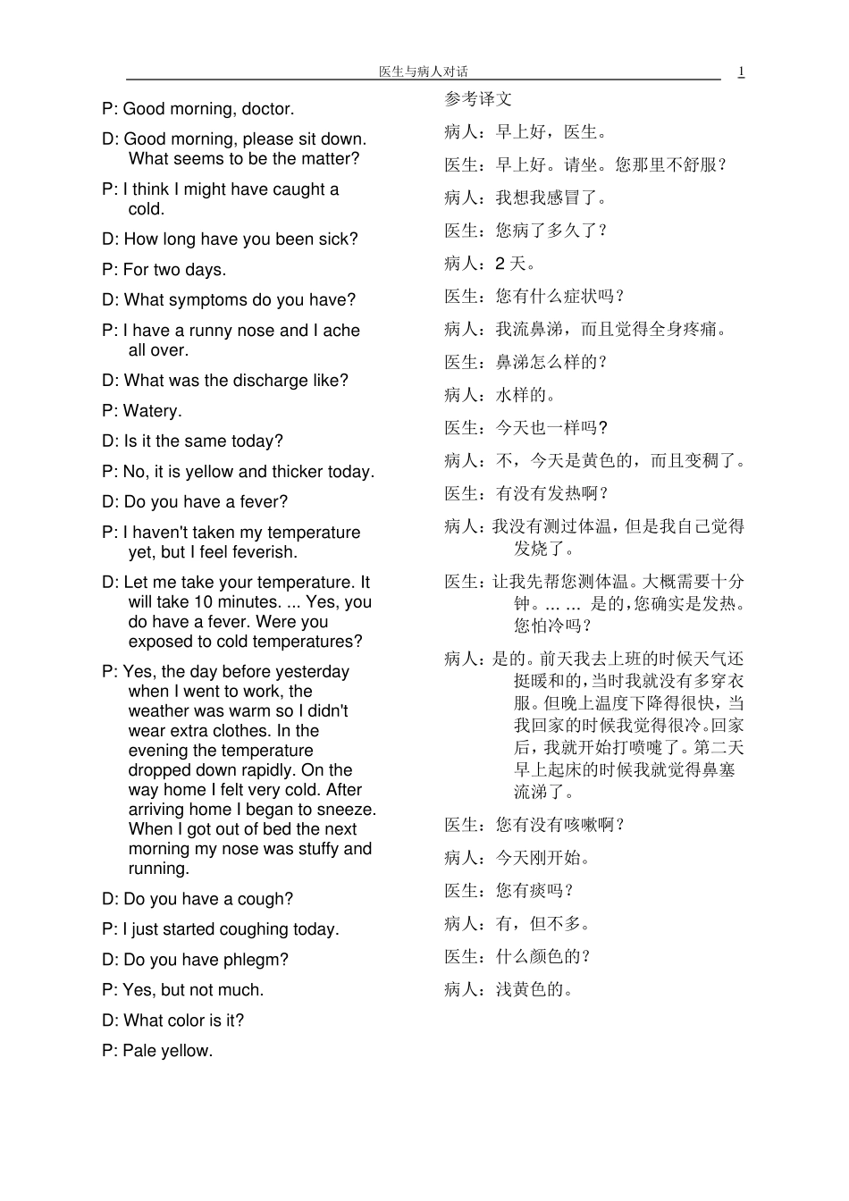 医学英语口语对话中英对照_第1页