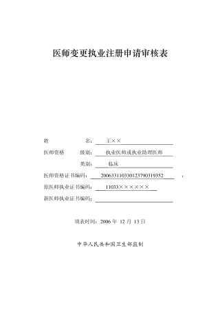 医师变更执业注册申请审核表