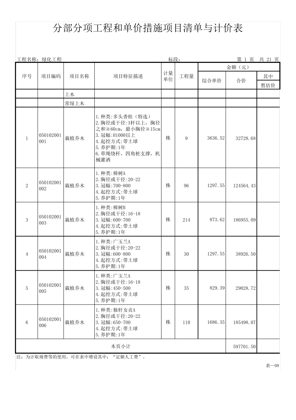 园林绿化工程报价清单xlsx_第1页