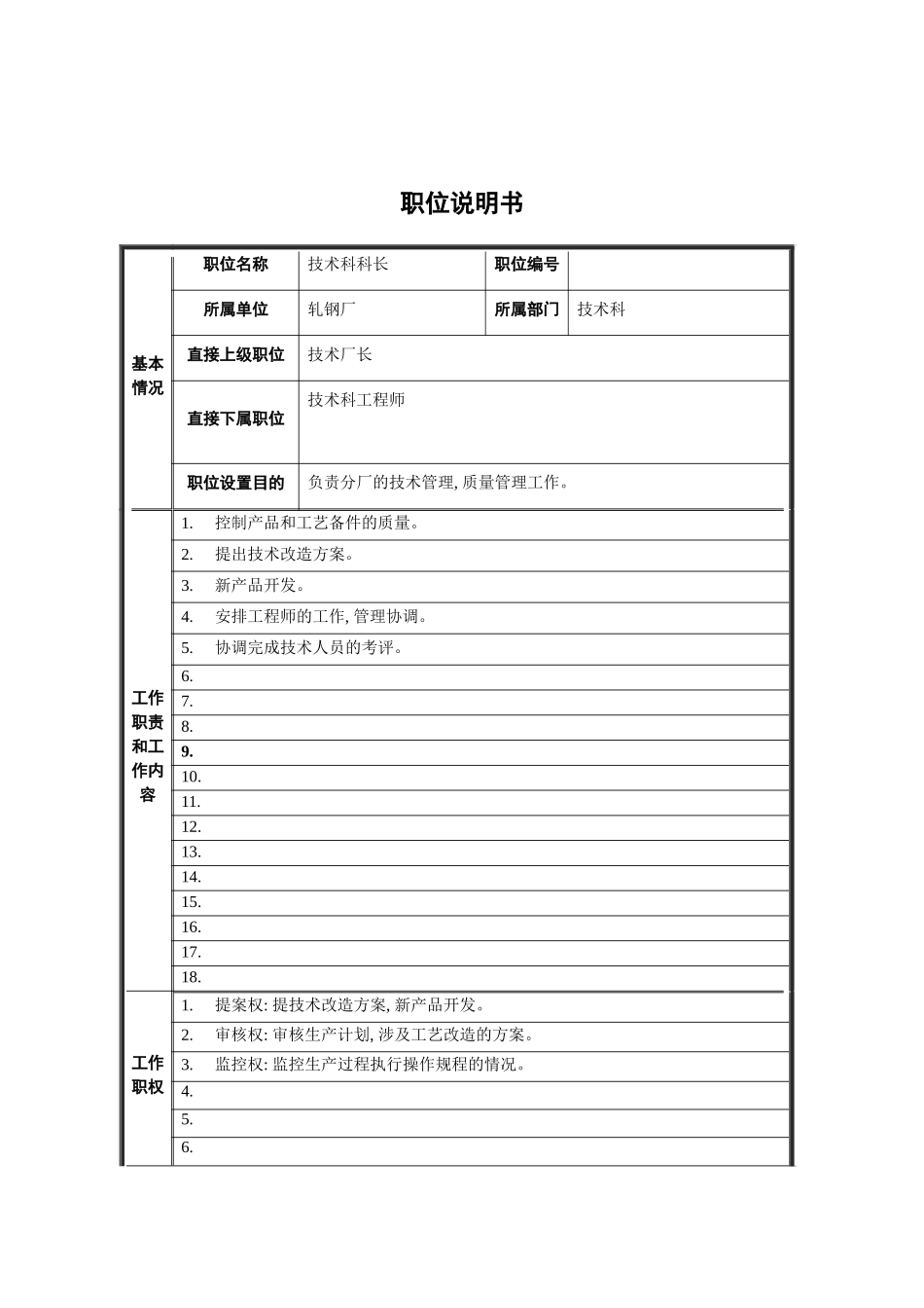 轧钢厂技术科长职位说明书模板_第2页