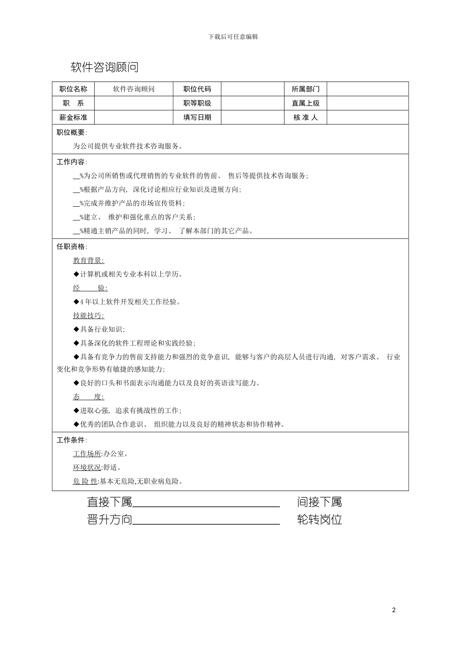 软件咨询顾问职位说明书模板_第2页