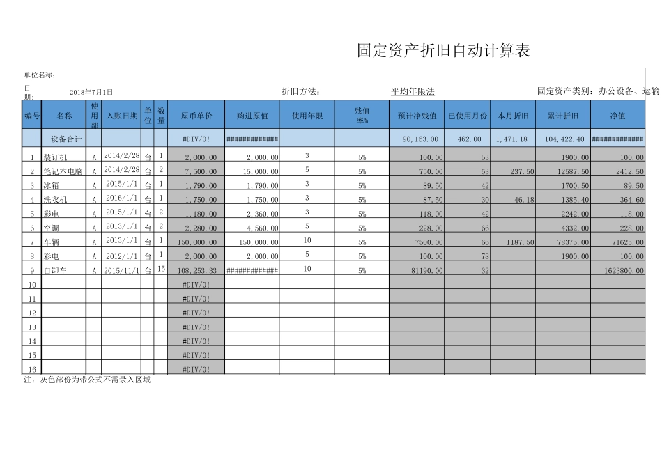 固定资产折旧自动计算表Excel模板_第1页