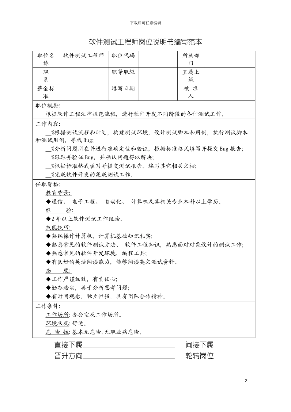 软件测试工程师岗位说明书编写范本模板_第2页