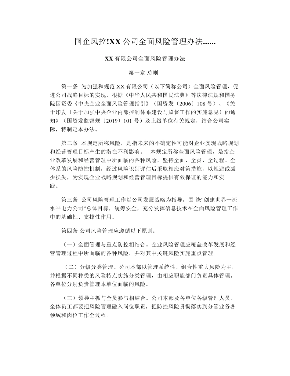 国企风控!XX公司全面风险管理办法......_第1页