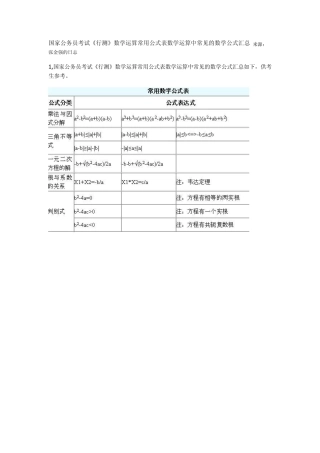 国家公务员考试《行测》数学运算常用公式表数学运算中常见的数学公式汇总