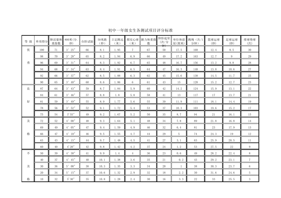 国家学生体质健康标准评分表(中学类)_第2页