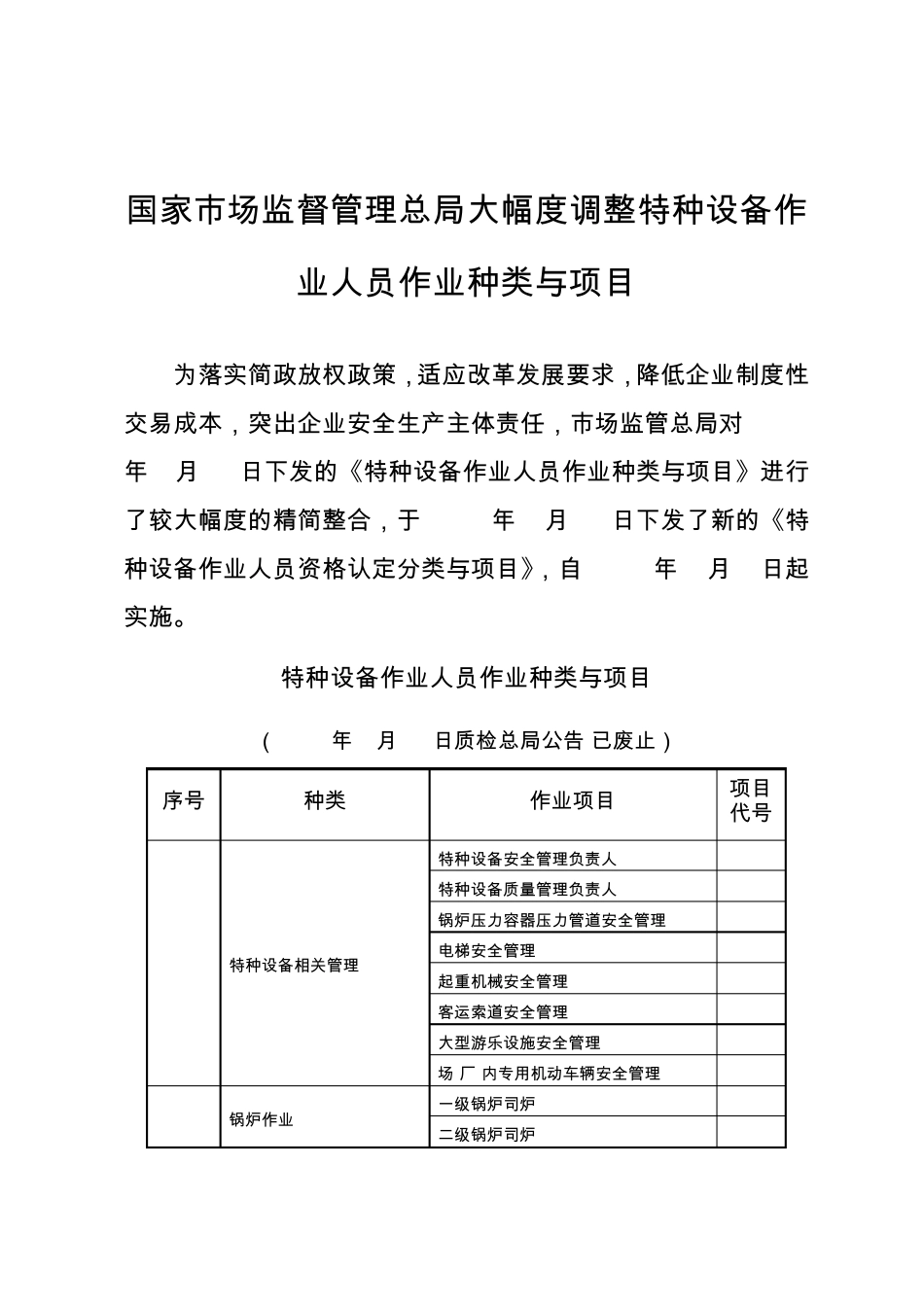 国家市场监督管理总局大幅度调整特种设备作业人员作业种类与项目_第1页