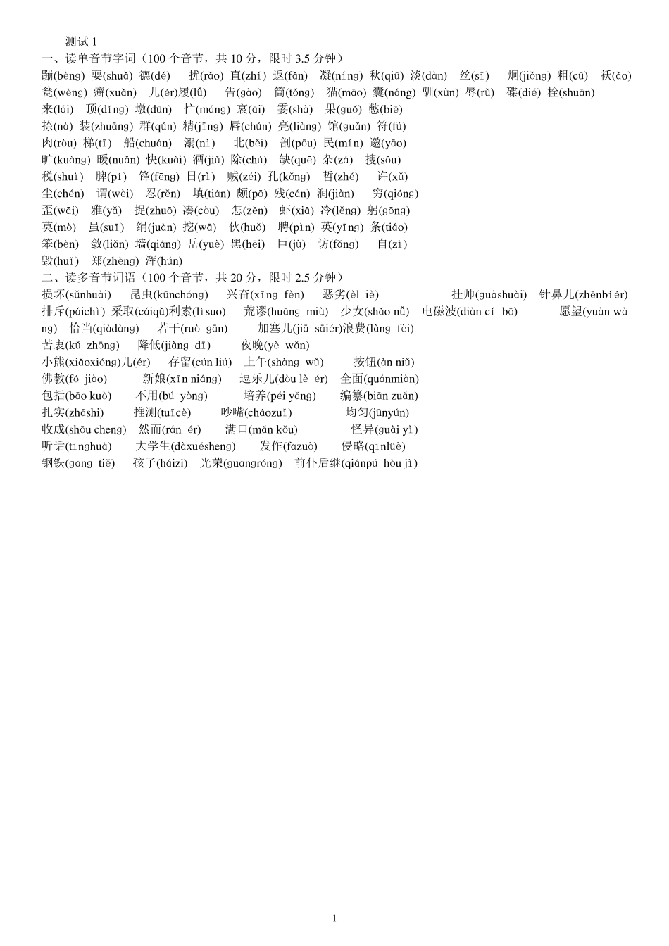 国家普通话水平测试题50(全带拼音)_第1页