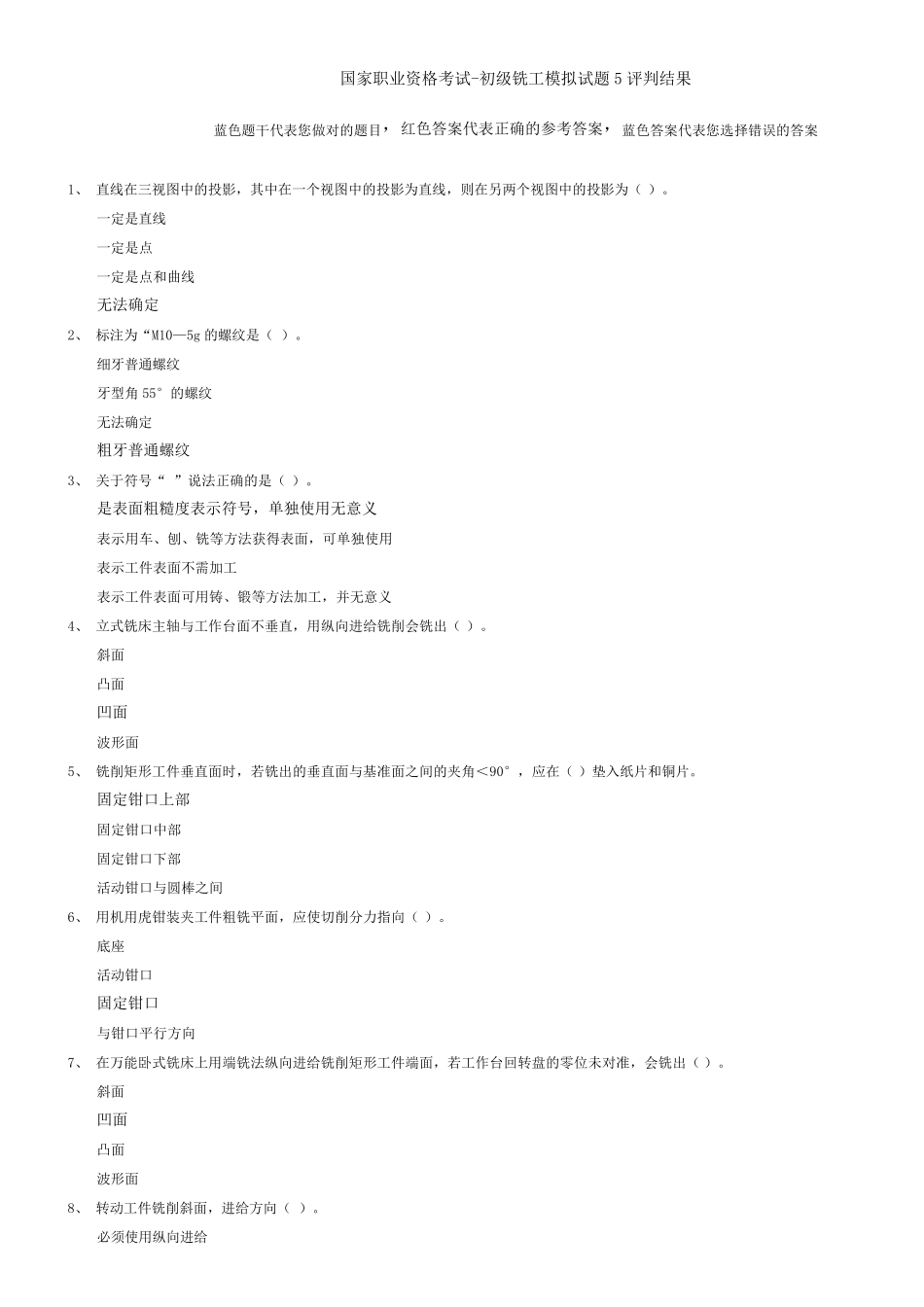 国家职业资格考试初级铣工模拟试题5_第1页