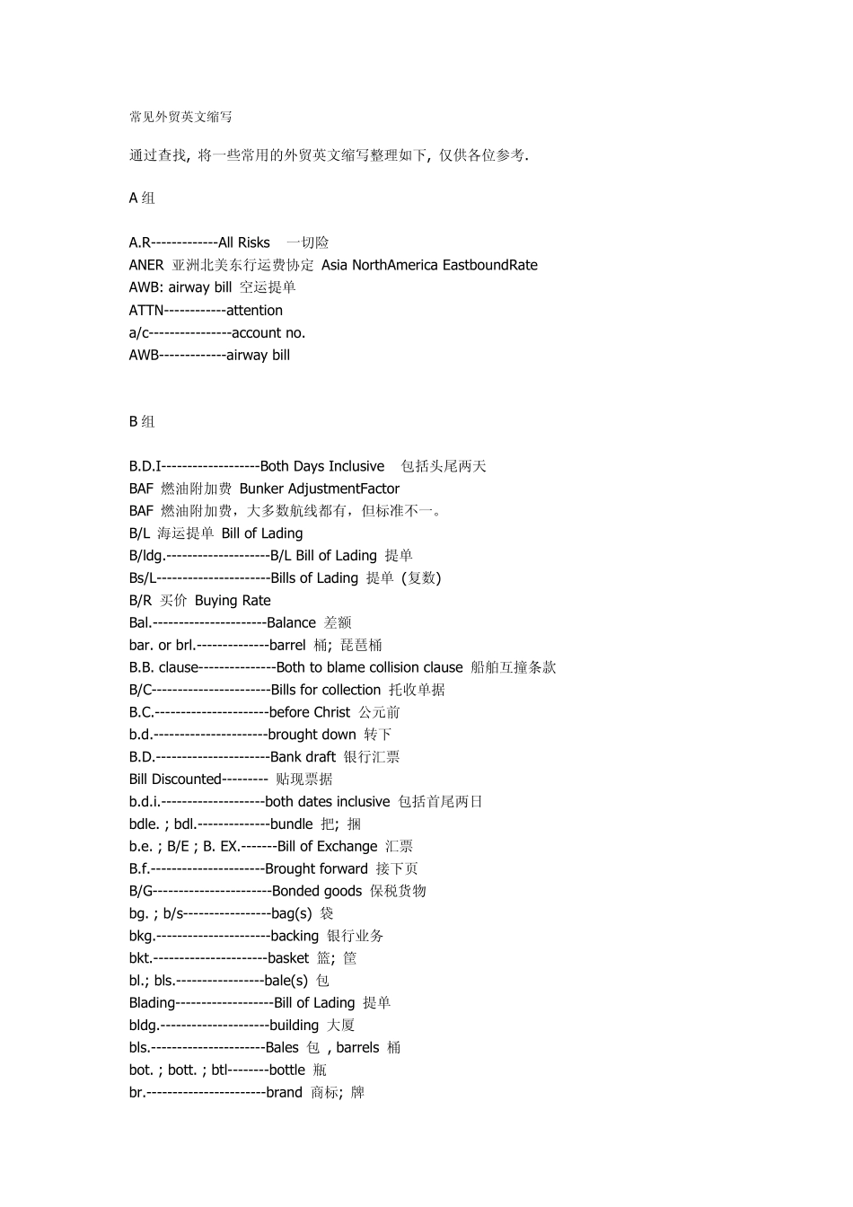 外贸英语缩写+商务英语词汇大全_第1页