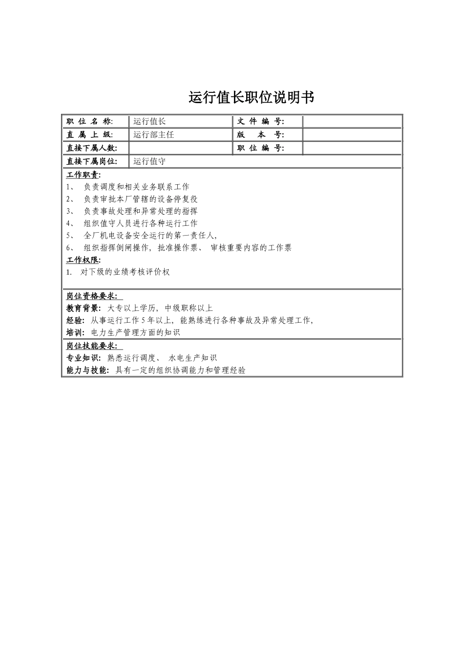 运行值长职位说明书模板_第2页