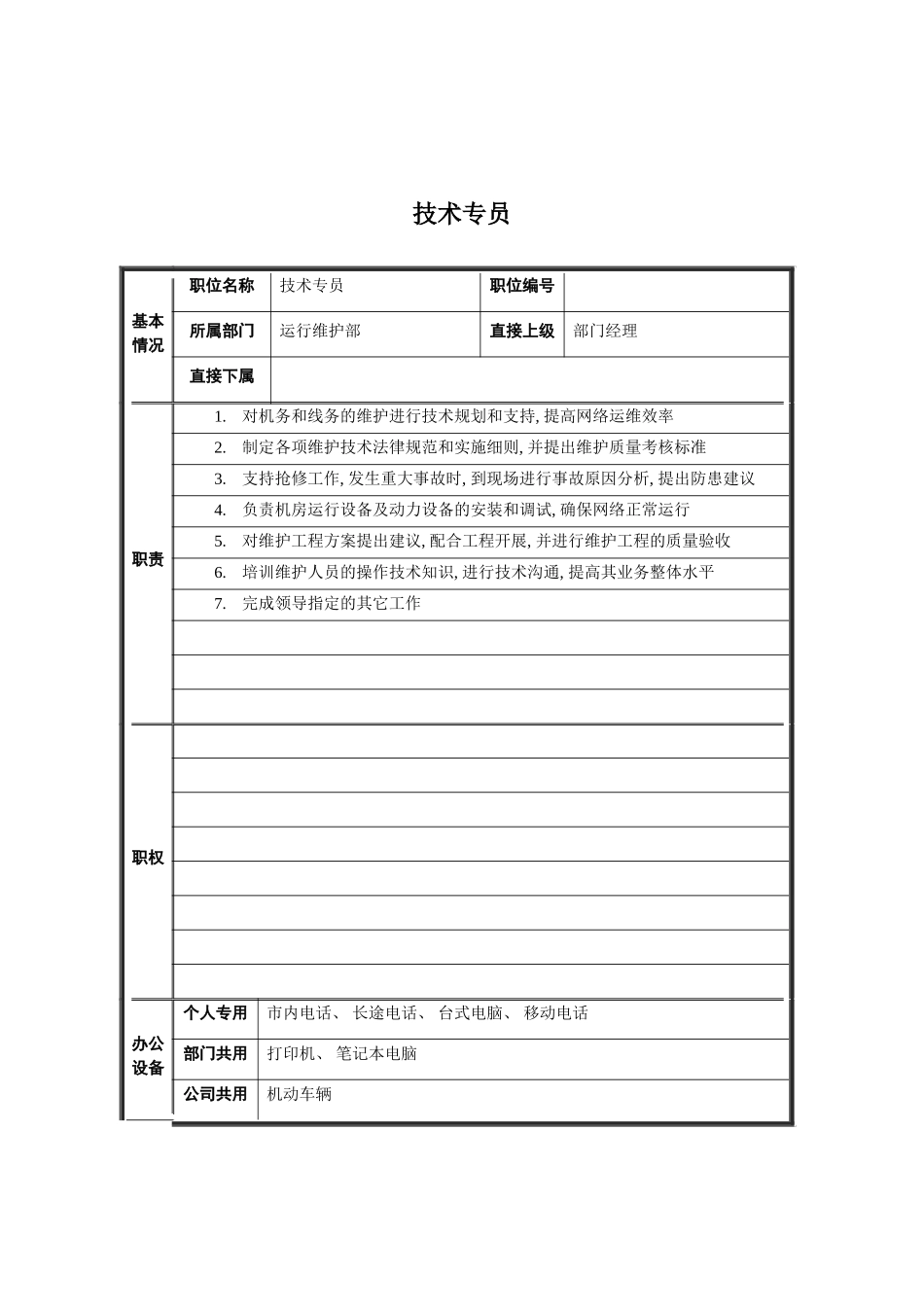 运行维护部技术专员岗位说明书模板_第2页