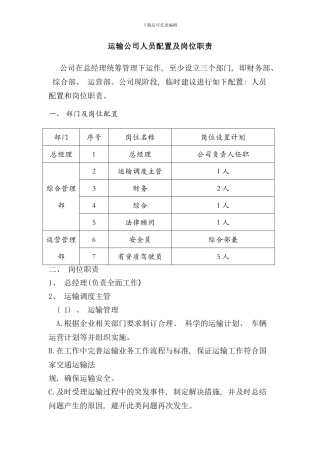 运输公司人员配置与岗位职责样本