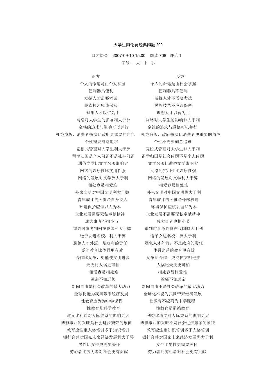 大学生辩论赛经典辩题200_第1页