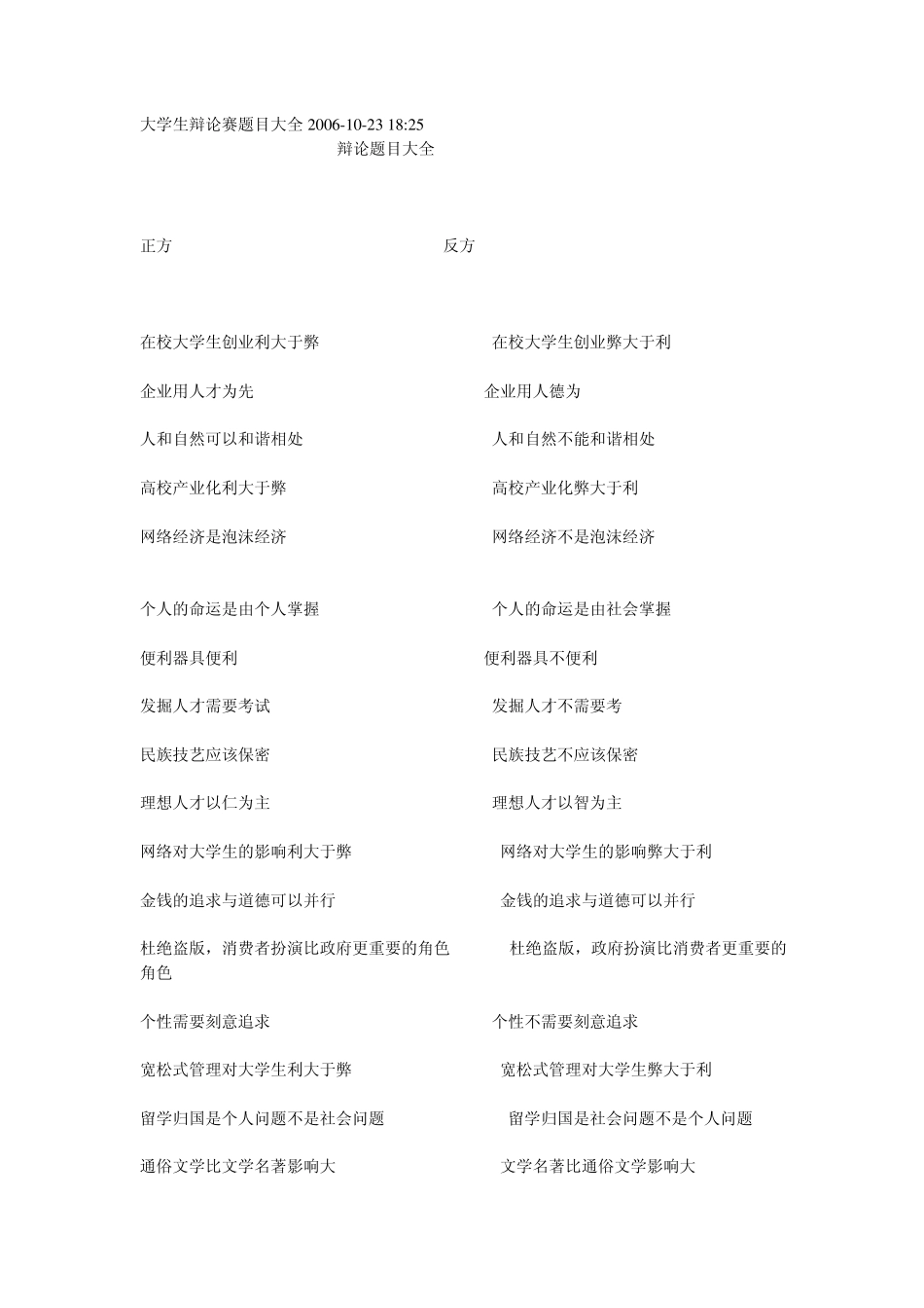 大学生辩论赛题目大全2006_第1页