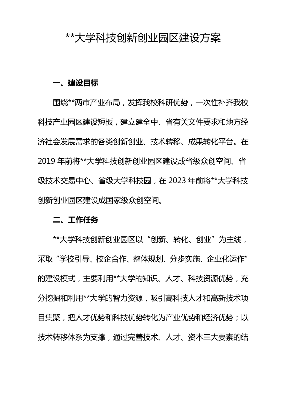 大学科技创新创业园区实施方案_第1页