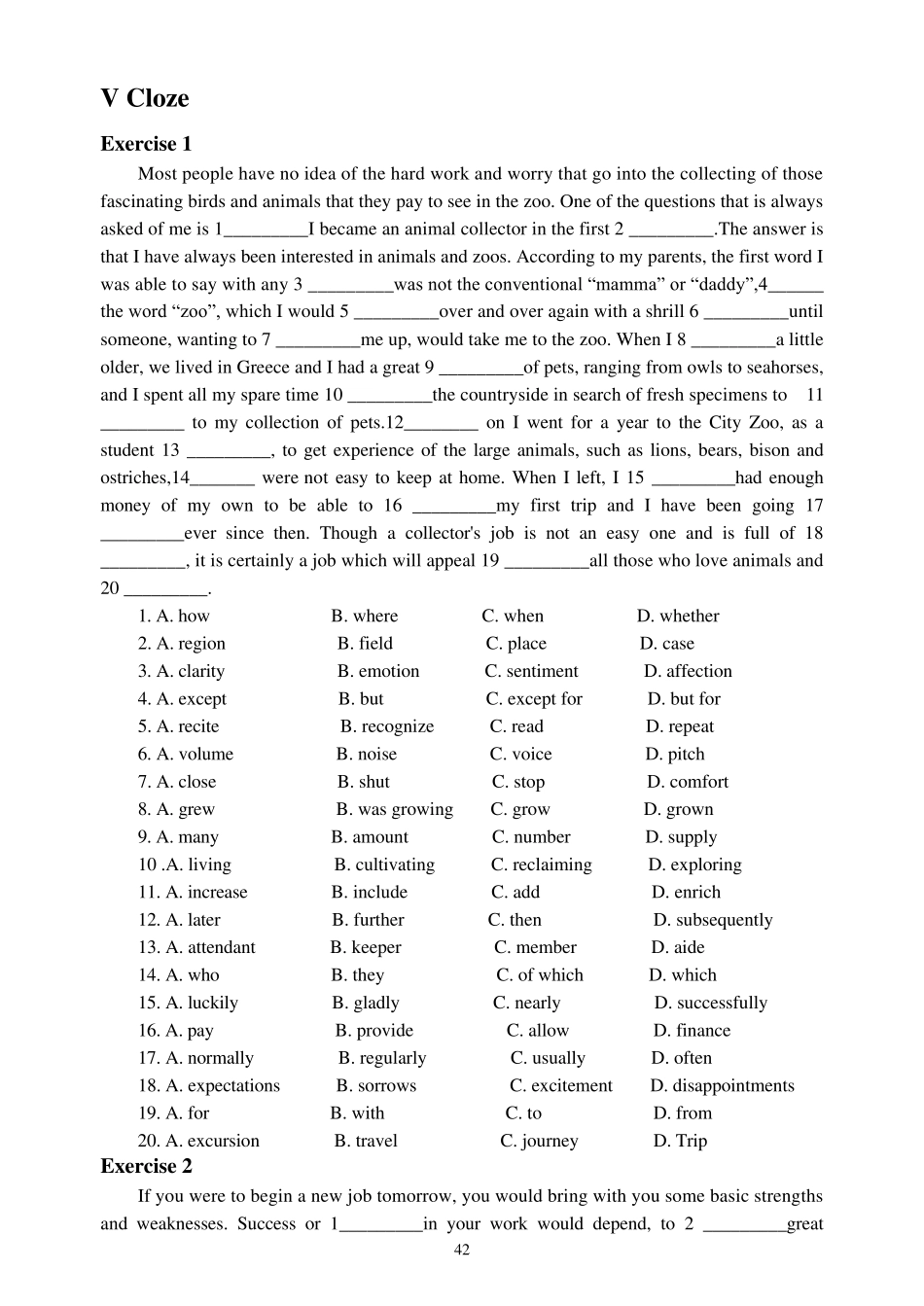 大学英语Cloze练习与答案_第1页