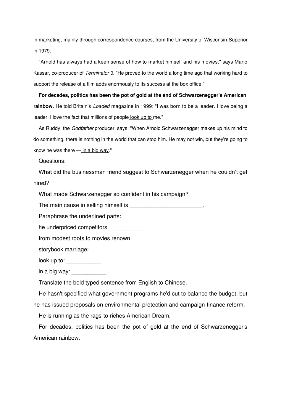 大学英语习题及答案大学英语ⅠUnit4Schwarzenegger39;sAmericandream_第3页