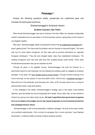 大学英语习题及答案大学英语ⅠUnit4Schwarzenegger39;sAmericandream