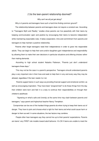 大学英语习题及答案大学英语ⅡUnit3Istheteenparentrelationshipdoomed