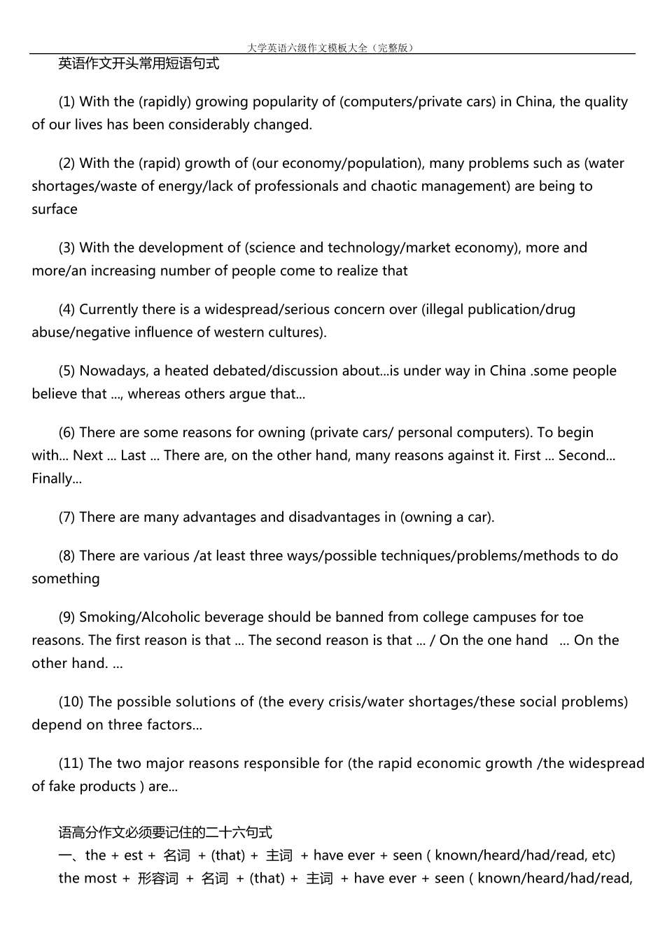 大学英语六级作文模板大全_第1页