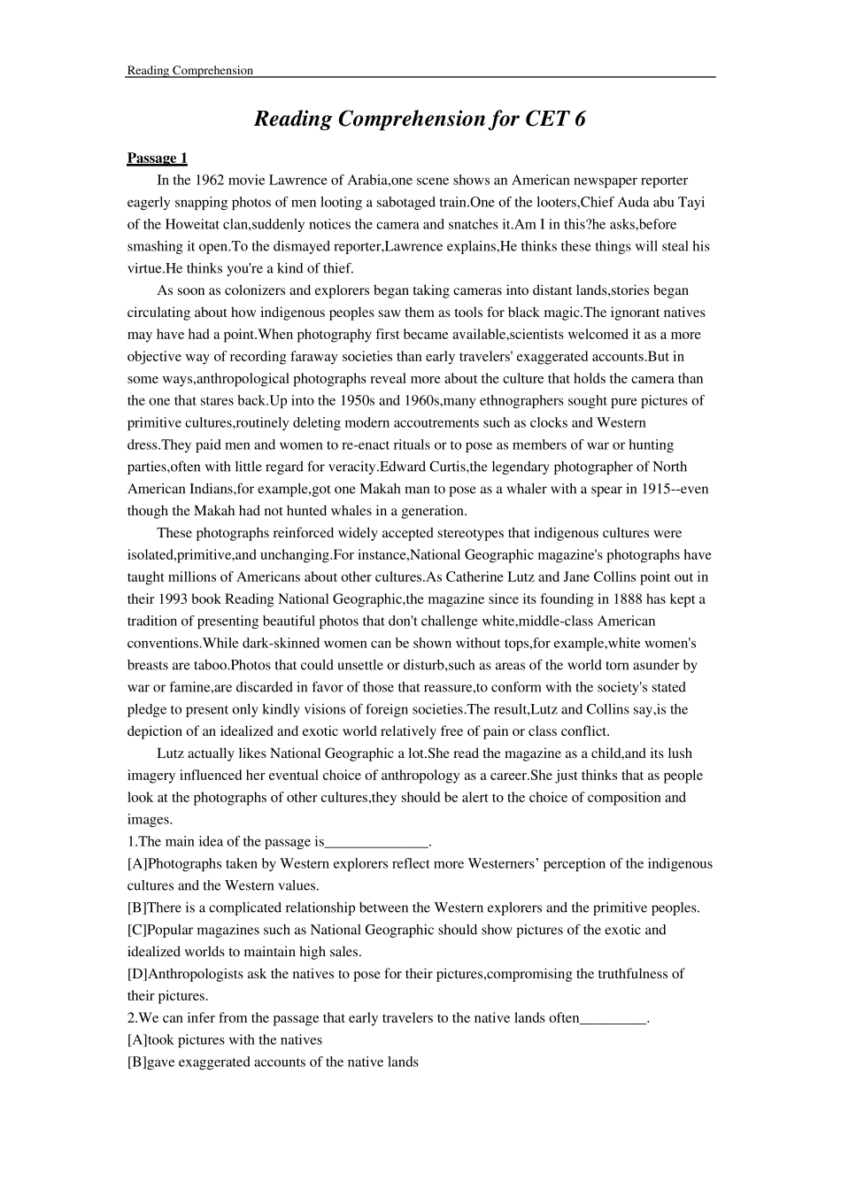 大学英语六级阅读理解及答案_第1页