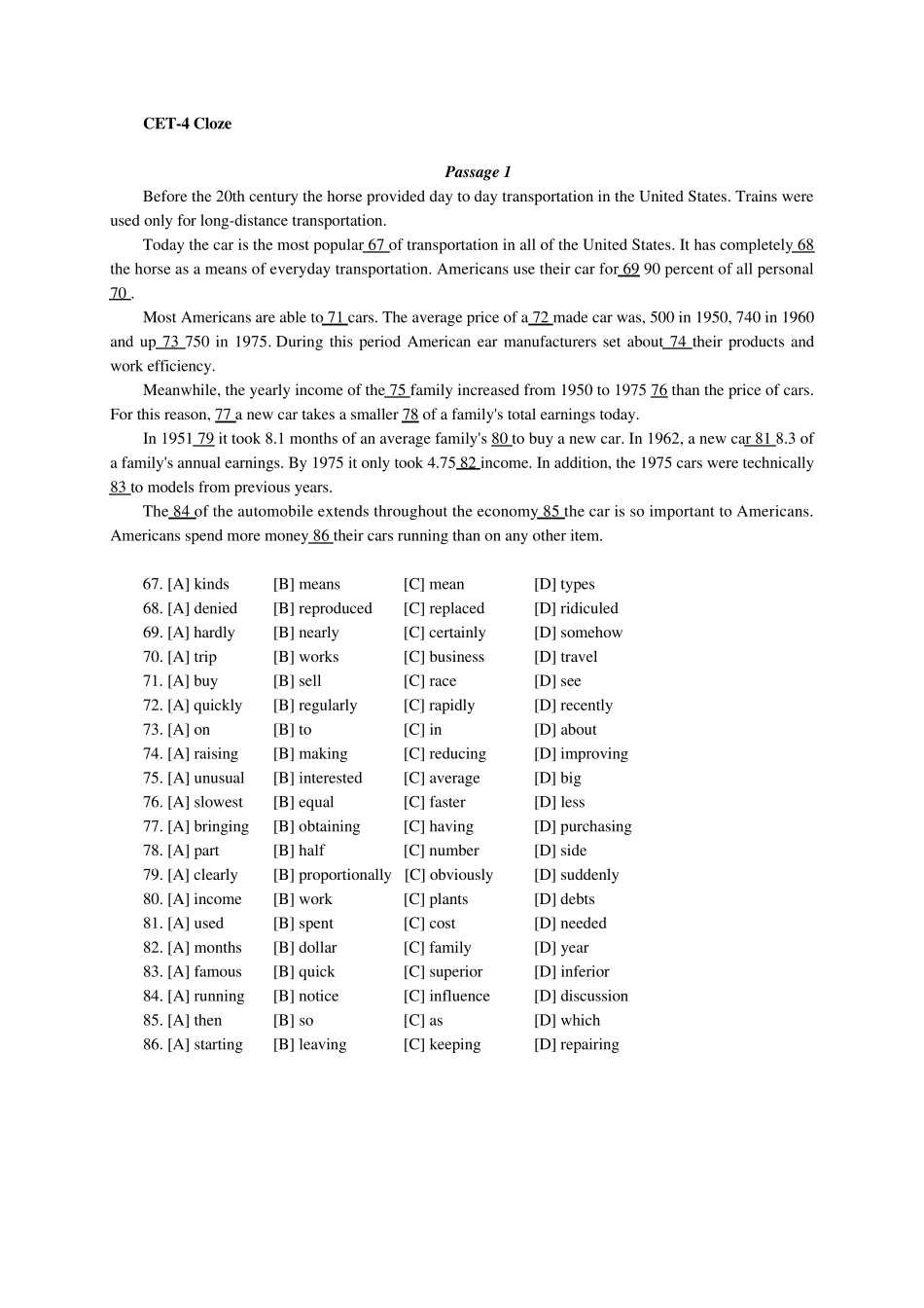 大学英语四级完型填空练习及答案_第1页