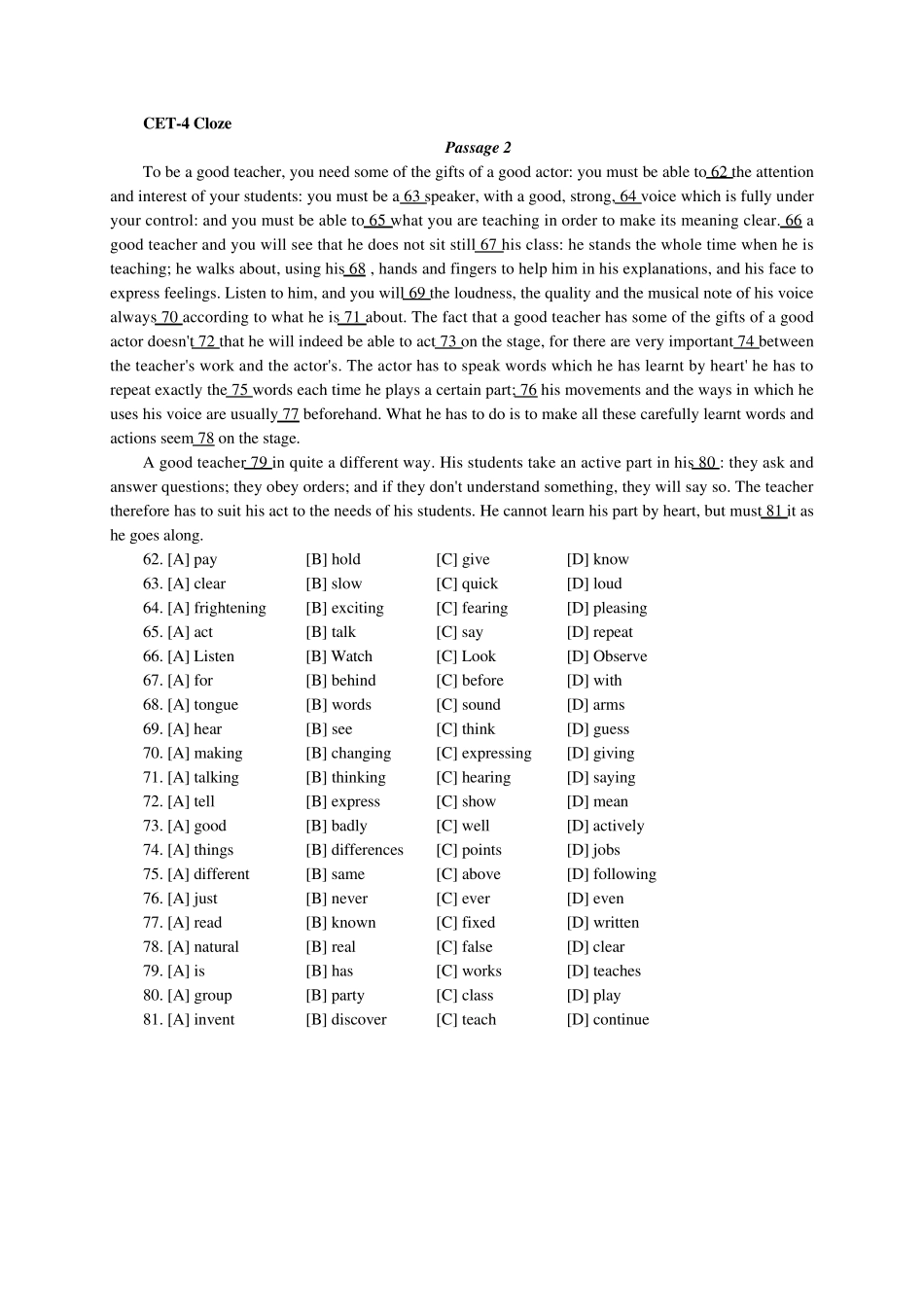 大学英语四级完型填空练习及答案_第2页