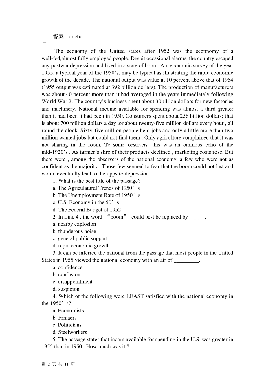 大学英语四级阅读理解试题及答案_第2页