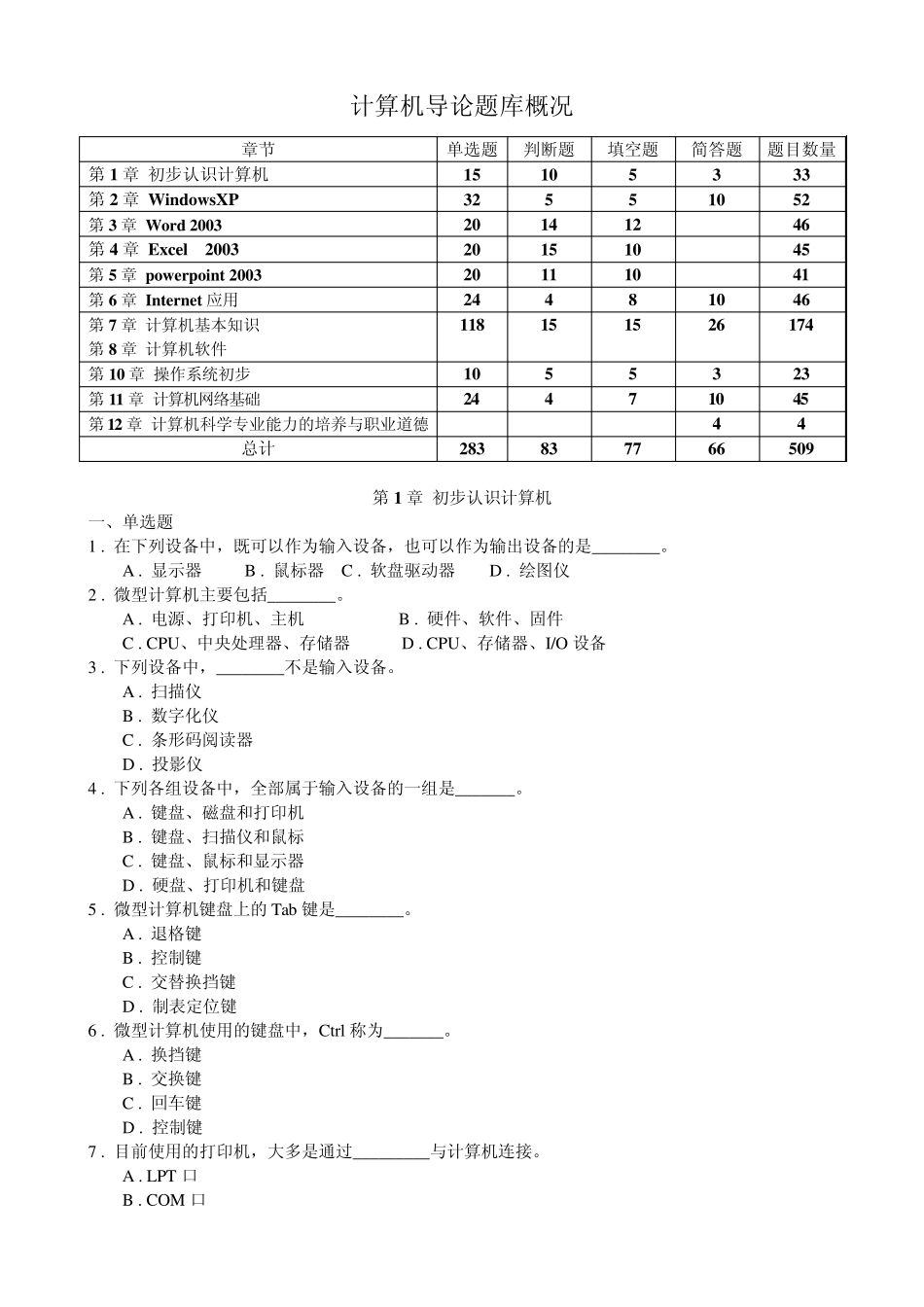 大学计算机基础(大一)笔试题库_第1页