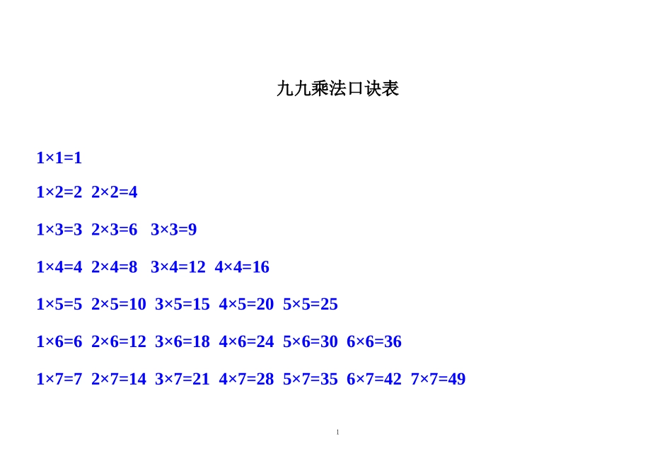 小学二年级上册上学期-数学九九乘法口诀表_第1页