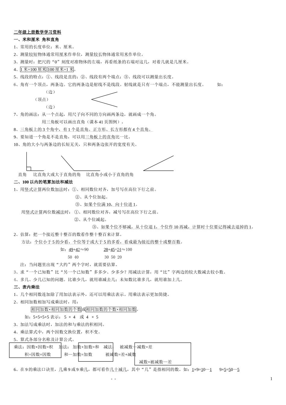 小学二年级上册数学-全册课本知识点整理_第1页