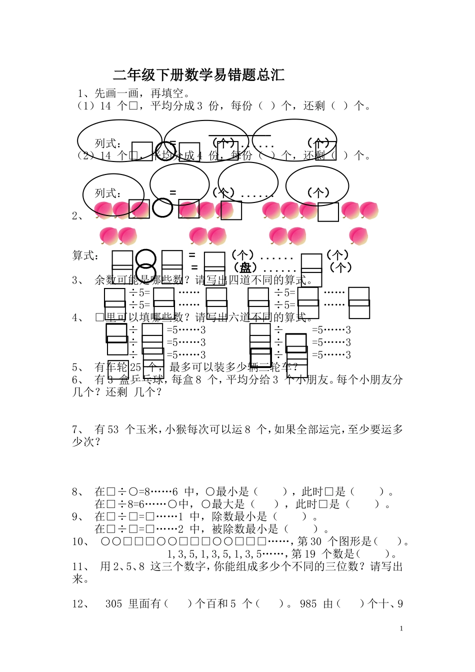 二年级下册数学易错题总汇_第1页