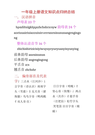 一年级上册语文知识点归纳总结(拼音+偏旁+量词