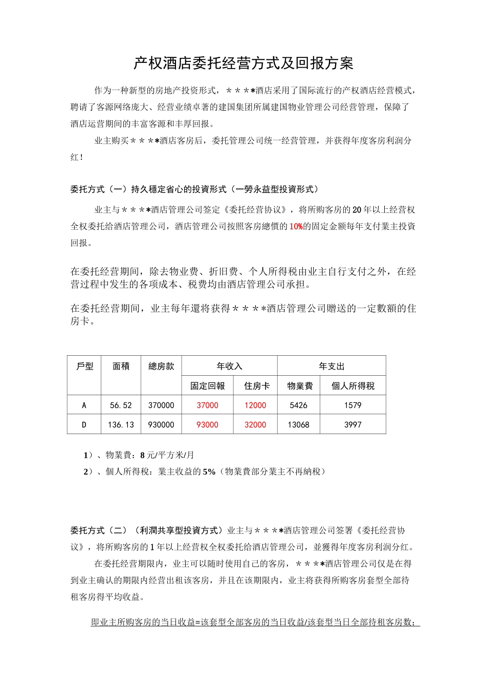 某酒店委托经营方式及回报方案管理_第1页