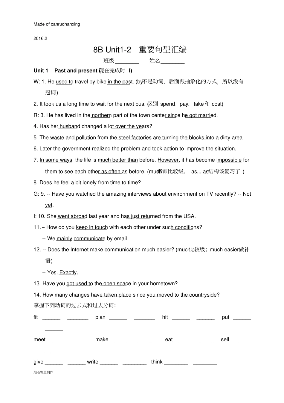 牛津译林版英语八下学校重要句型汇编练习：Unit2无答案_第1页