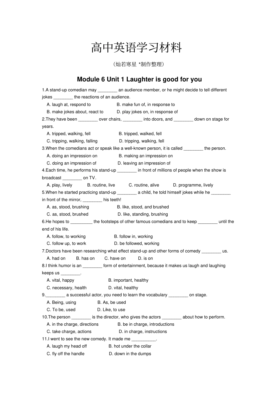 牛津译林版高中英语选修六M6U1练习zhou_第1页