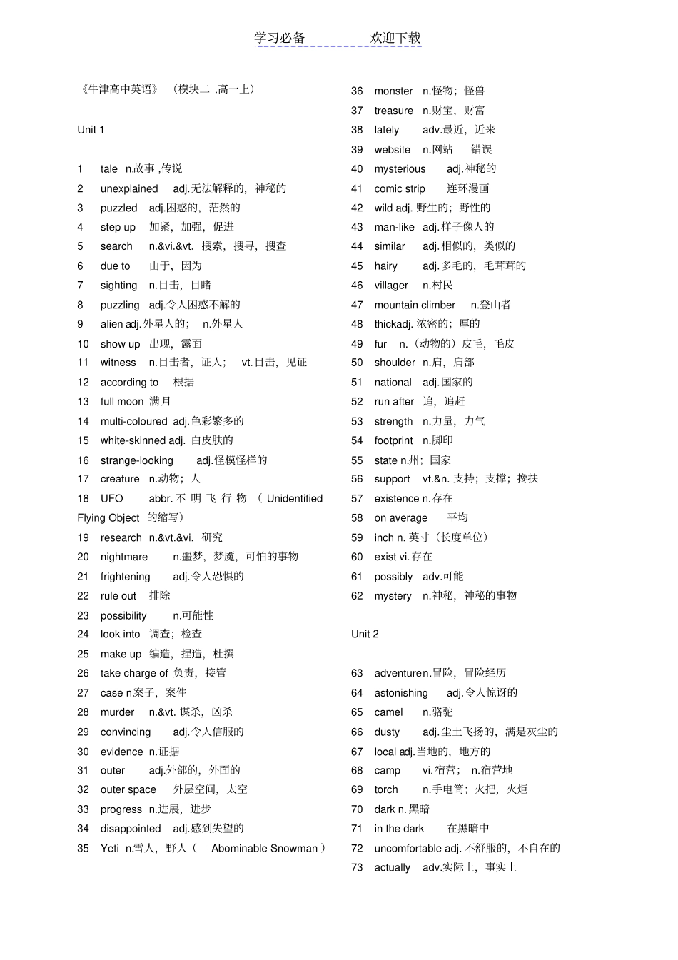 牛津高中英语模块二高一上完整单词表_第1页