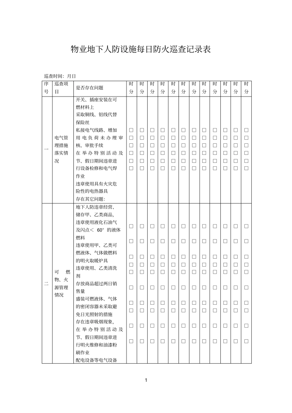 物业地下人防设施每日防火巡查记录表_第1页