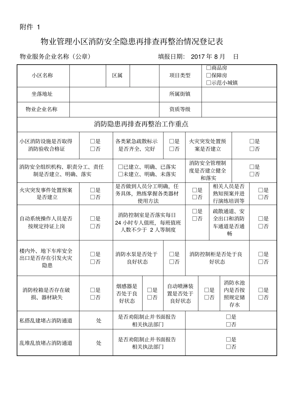 物业管理小区消防安全隐患再排查再整治情况登记表_第1页
