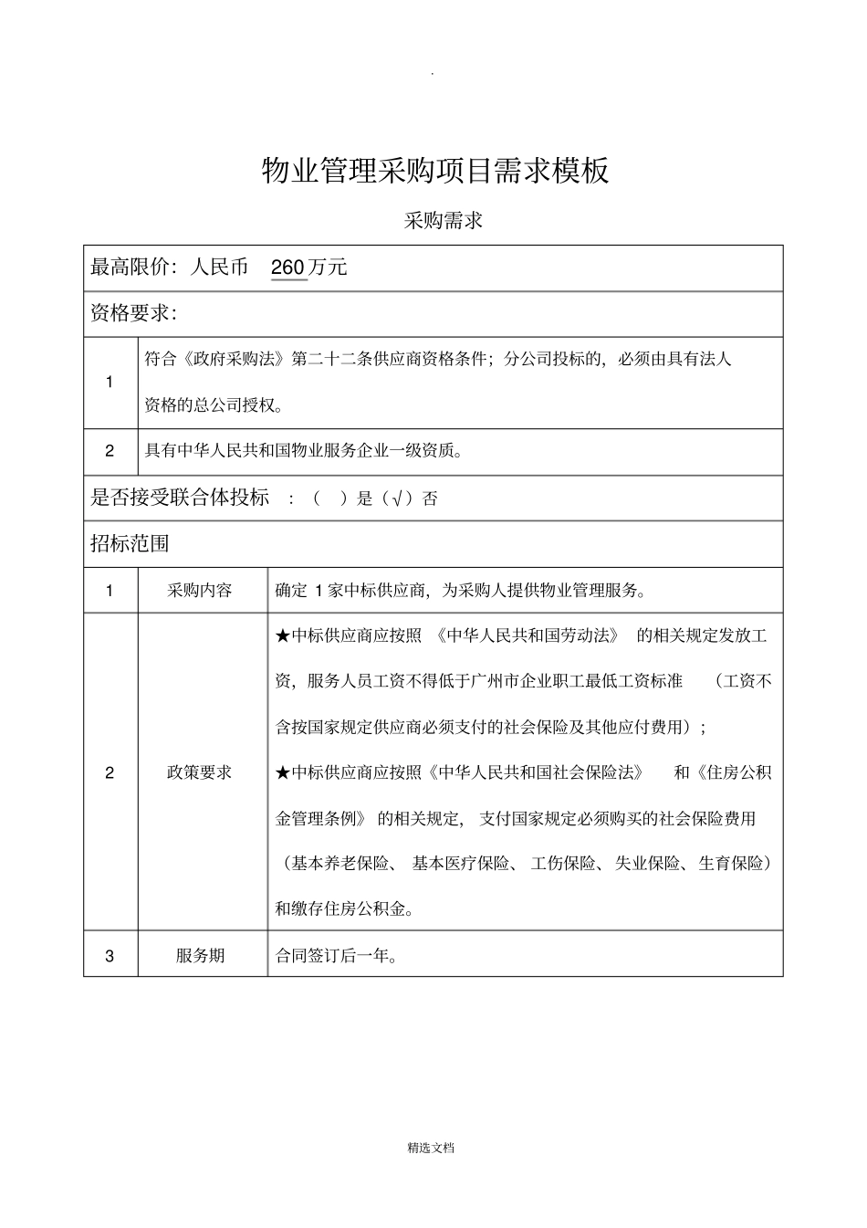 物业管理采购项目需求模板完整_第1页