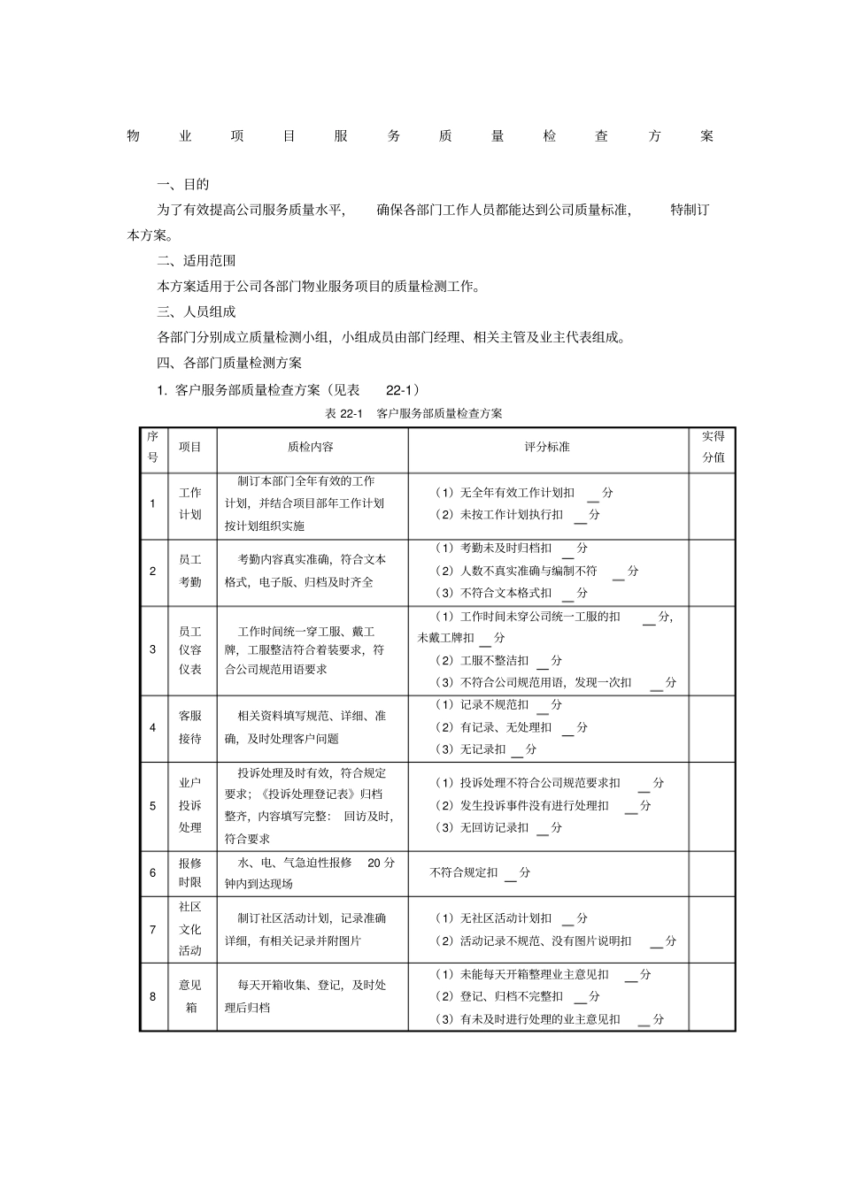 物业项目服务质量检查方案服务质量检查方案_第1页